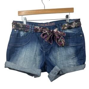 Vintage Y2K Denim Shorts Junior Size 13 Blue Bling Pocket Purple Brown Tie Belt